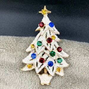 Vintage Eisenberg Ice Brooch Christmas Tree Flocked Gold Tone